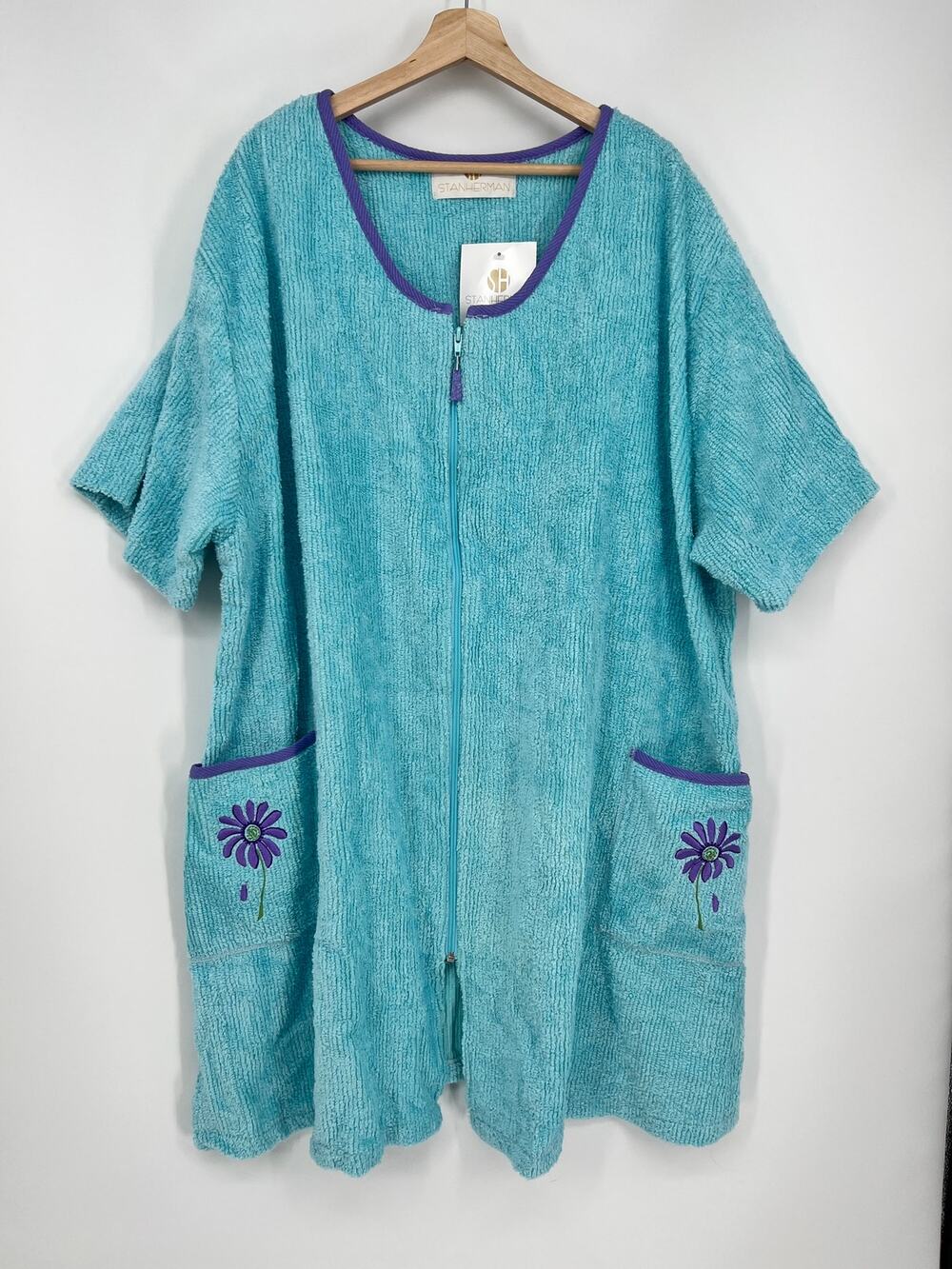 Stan Herman Chenille Robe Swim Cover Up Women 3X Teal Blue NEW FLAW READ USA Vtg